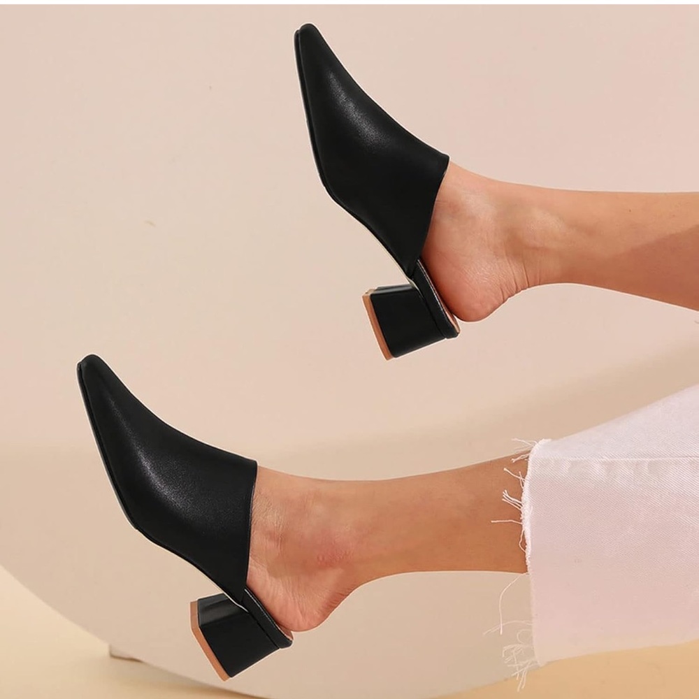 NWOT Size 8 Women Black Chunky Heel Mules Closed Toe Square Toe Slip On Shoes - Picture 8 of 14